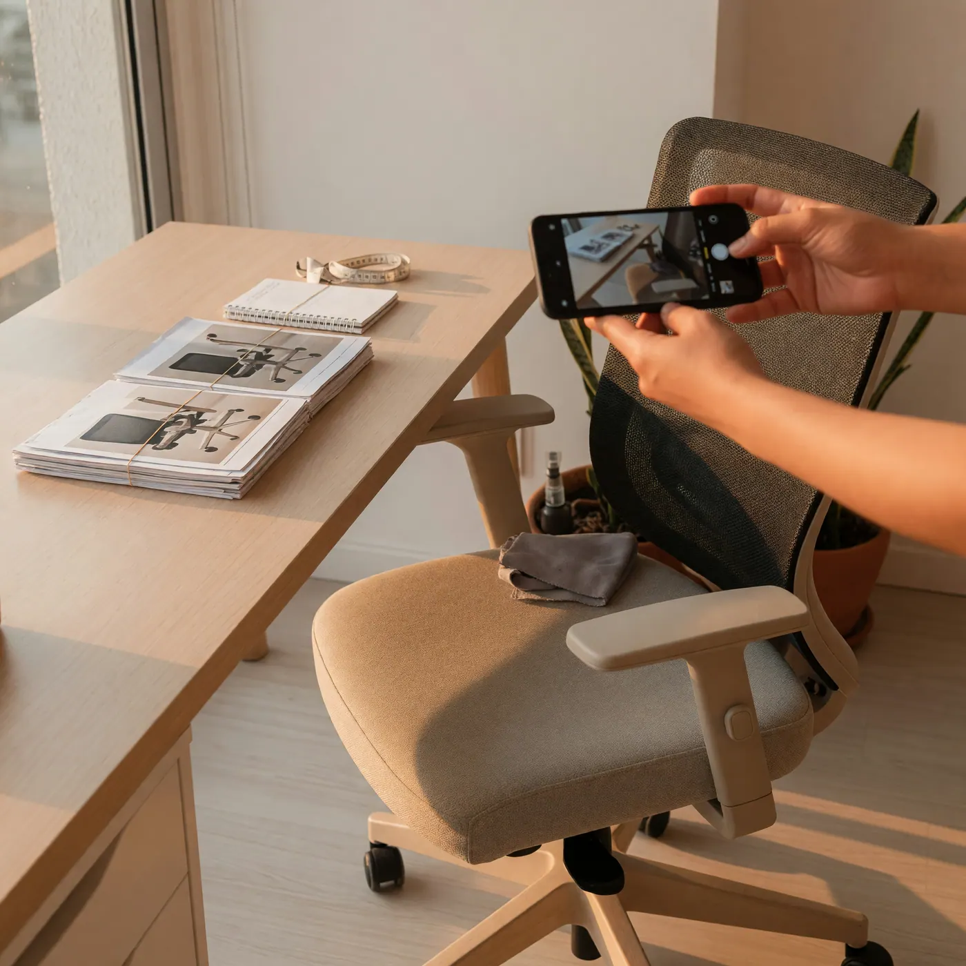 Manos fotografiando con un celular un escritorio y una silla ergonómica usados
