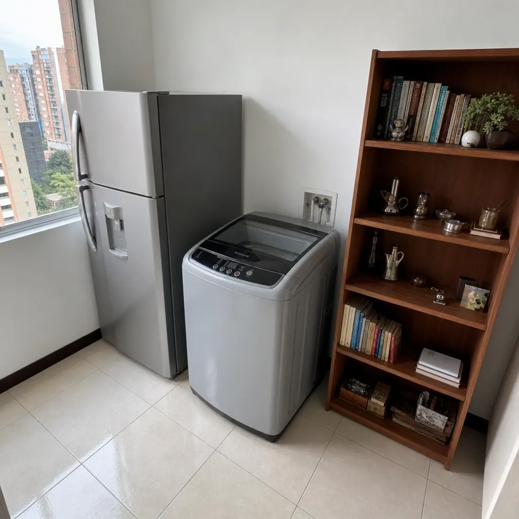 Electrodomésticos usados organizados para venta en un apartamento colombiano