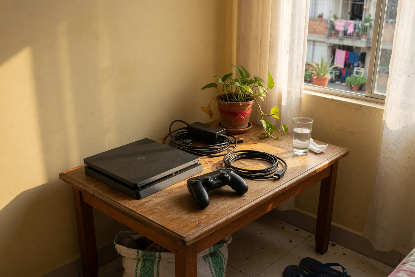 Consola negra tipo PS4 Slim apagada, mando DualShock 4 y cables HDMI y de corriente enrollados sobre una mesa de madera junto a una planta y una ventana