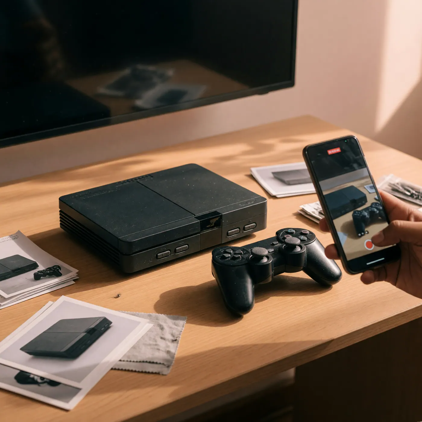 Consola negra de videojuegos usada y mando sobre un escritorio, con una mano sosteniendo un celular en modo grabación y un televisor apagado al fondo