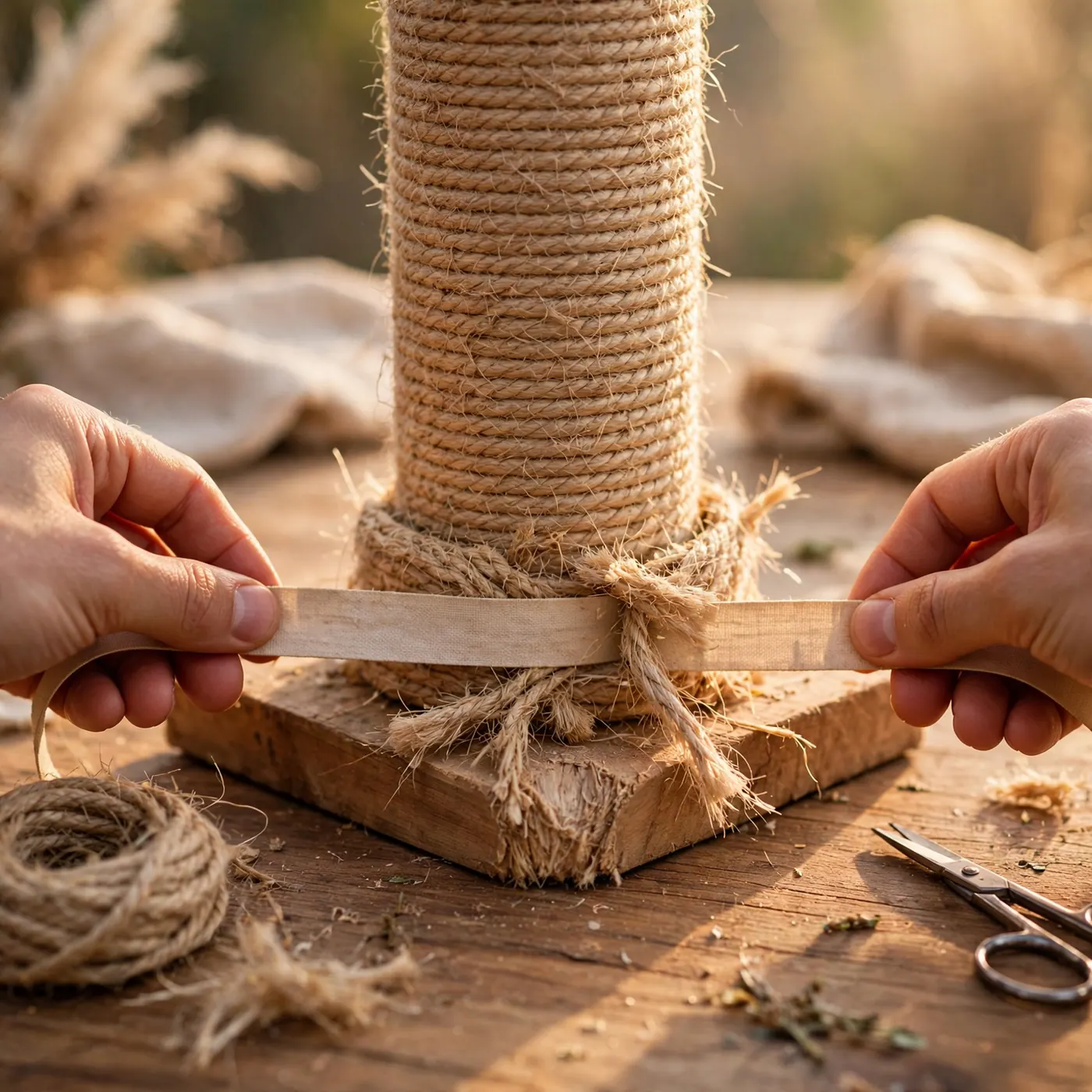 Base y poste de sisal de un rascador con cinta métrica, mostrando fibra gastada y una unión floja