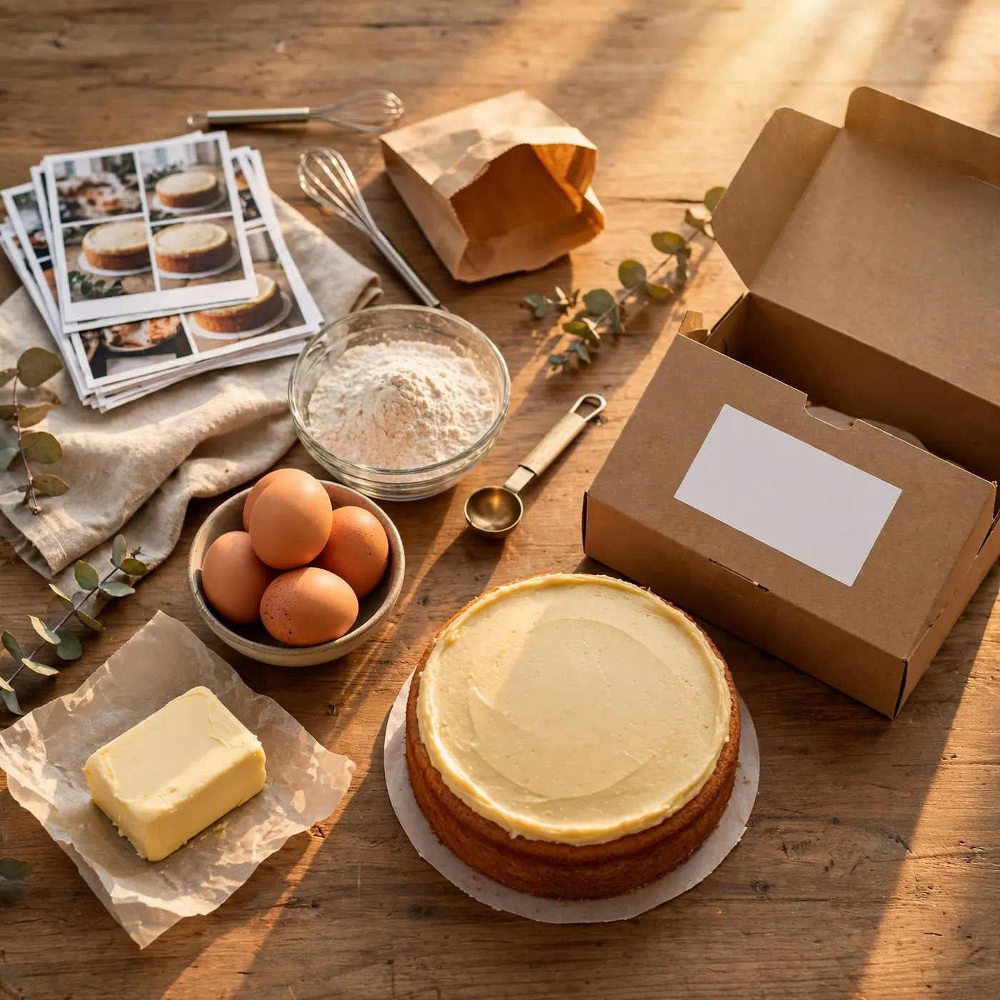 Caja apta para alimentos junto a una torta, con harina, huevos y mantequilla aparte sobre la mesa