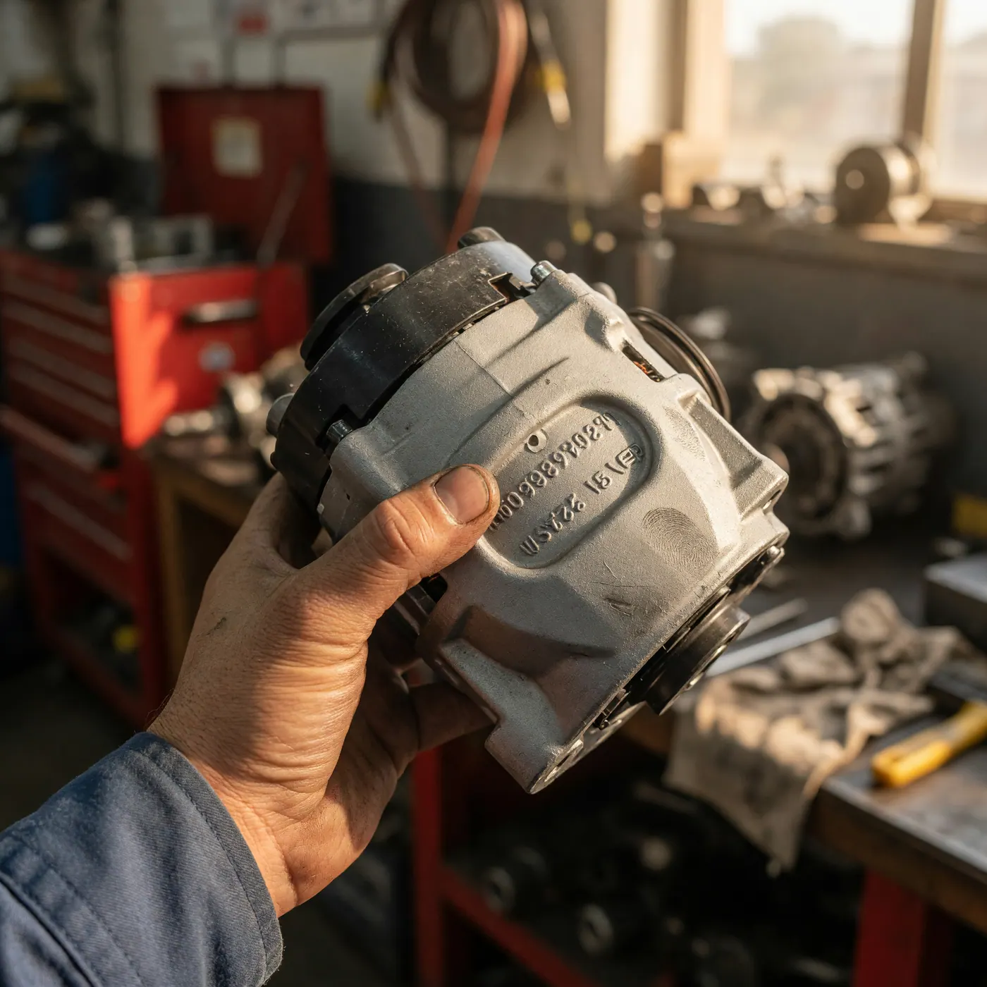 Mano de un mecanico sosteniendo un alternador limpio donde se aprecia el numero de serie OEM grabado en el metal, con un taller de fondo desenfocado