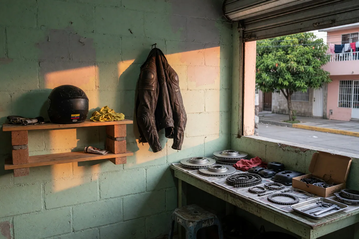 Taller de moto con casco negro en estante de madera, chaqueta de cuero colgada y discos de freno sobre el banco de trabajo