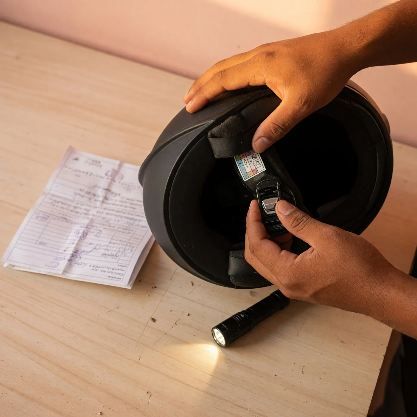 Manos revisando la correa y la etiqueta de certificación de un casco junto a una factura en un banco de madera