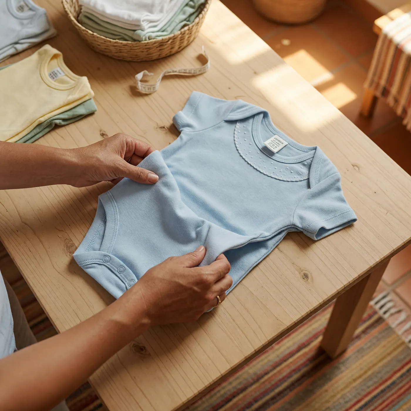 Enterizo azul de bebé doblado sobre una mesa de madera con la etiqueta de talla visible.