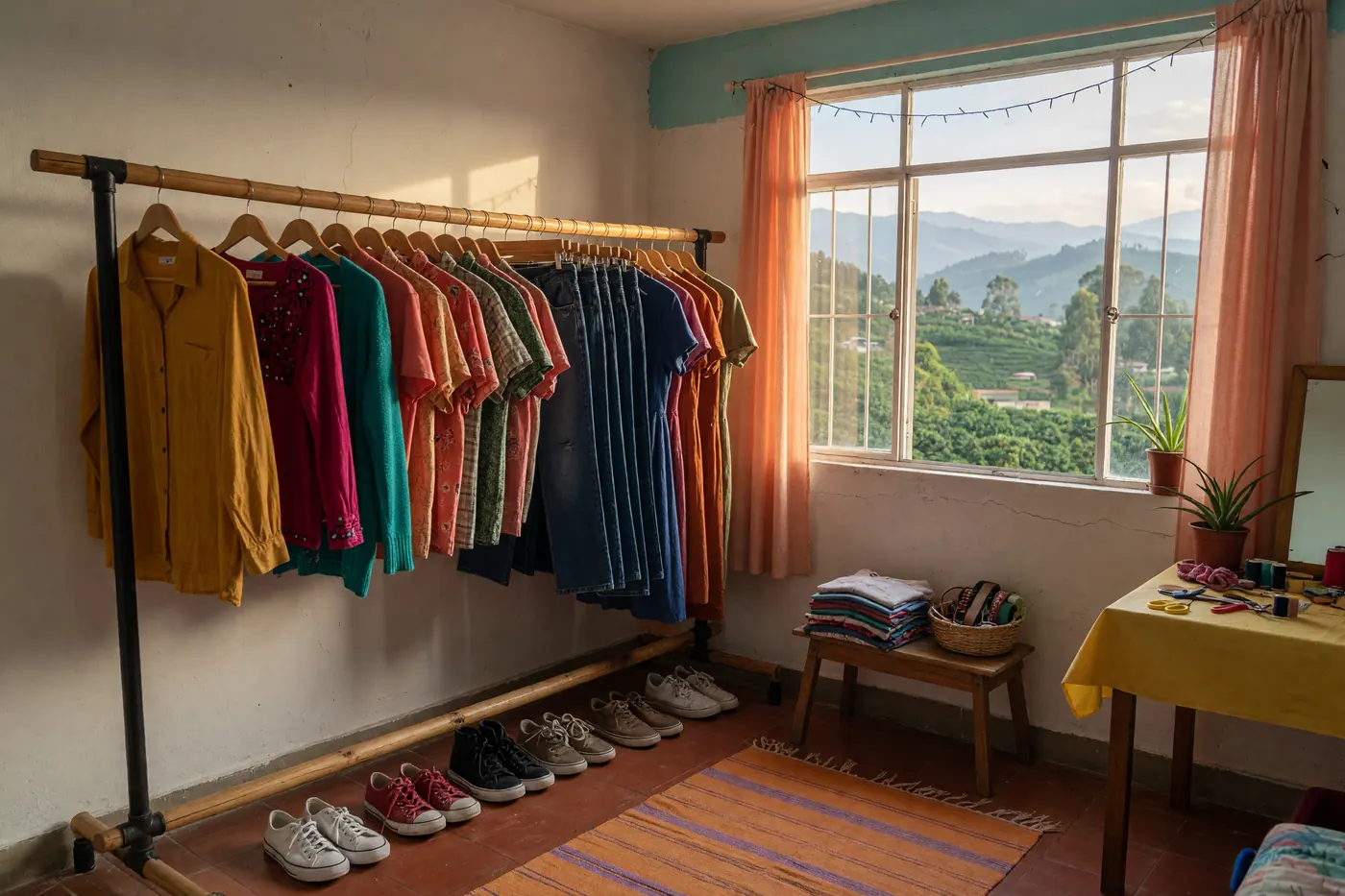Perchero de madera con ropa usada organizada y zapatos alineados junto a una ventana con vista a cerros verdes en Colombia
