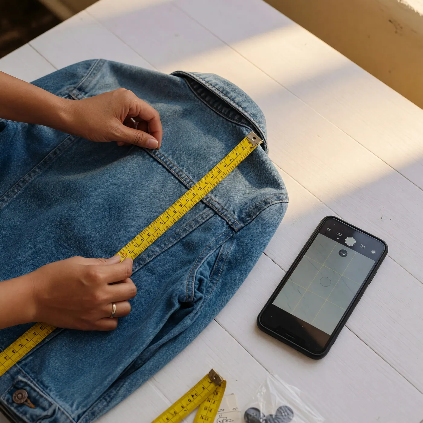 Manos midiendo una chaqueta de denim con cinta métrica sobre una mesa clara, con un celular mostrando la cámara al lado