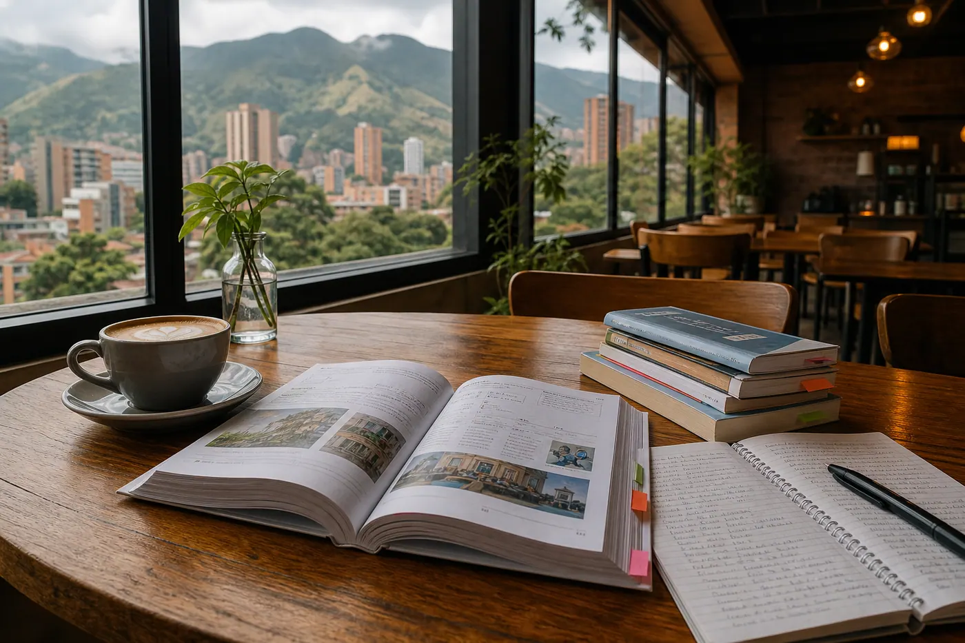 Mesa de café en Medellín con cuadernos de español — ambiente para clases con expats