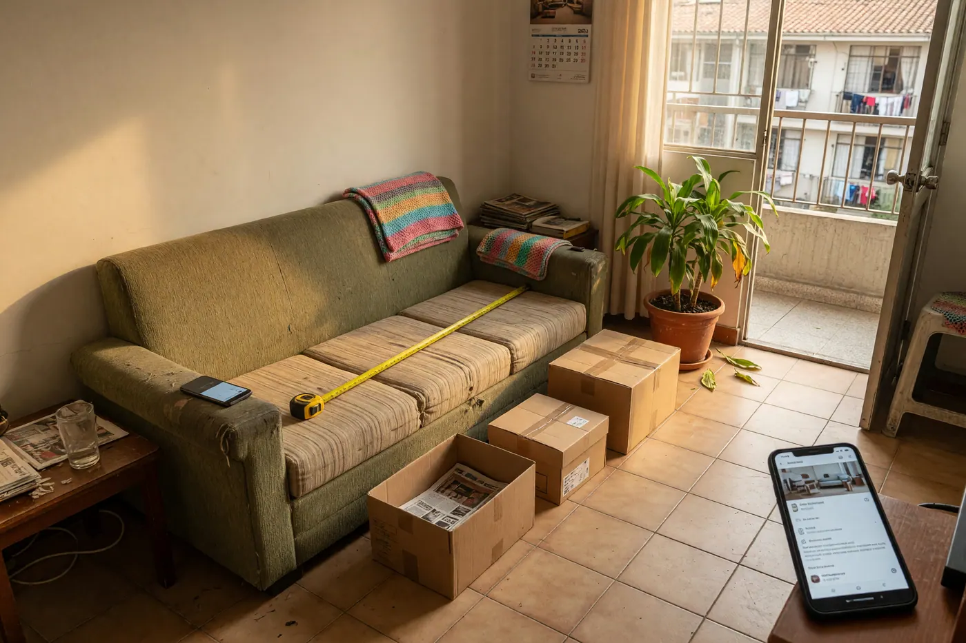 Sofá usado con cinta métrica, cajas de mudanza y teléfonos en un apartamento