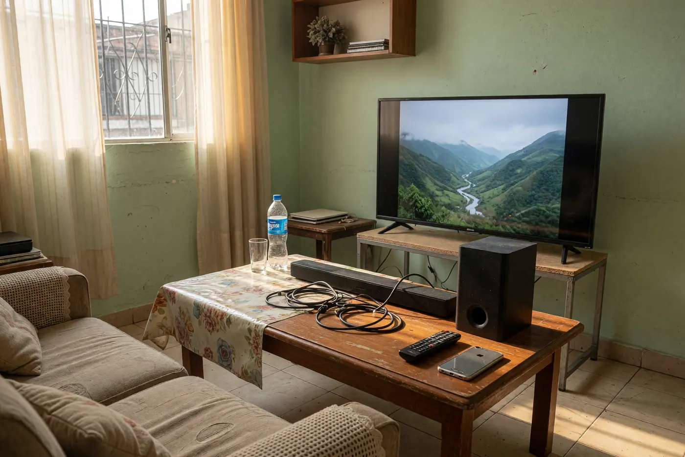 Televisor usado encendido con barra de sonido, subwoofer, control y cables en una sala