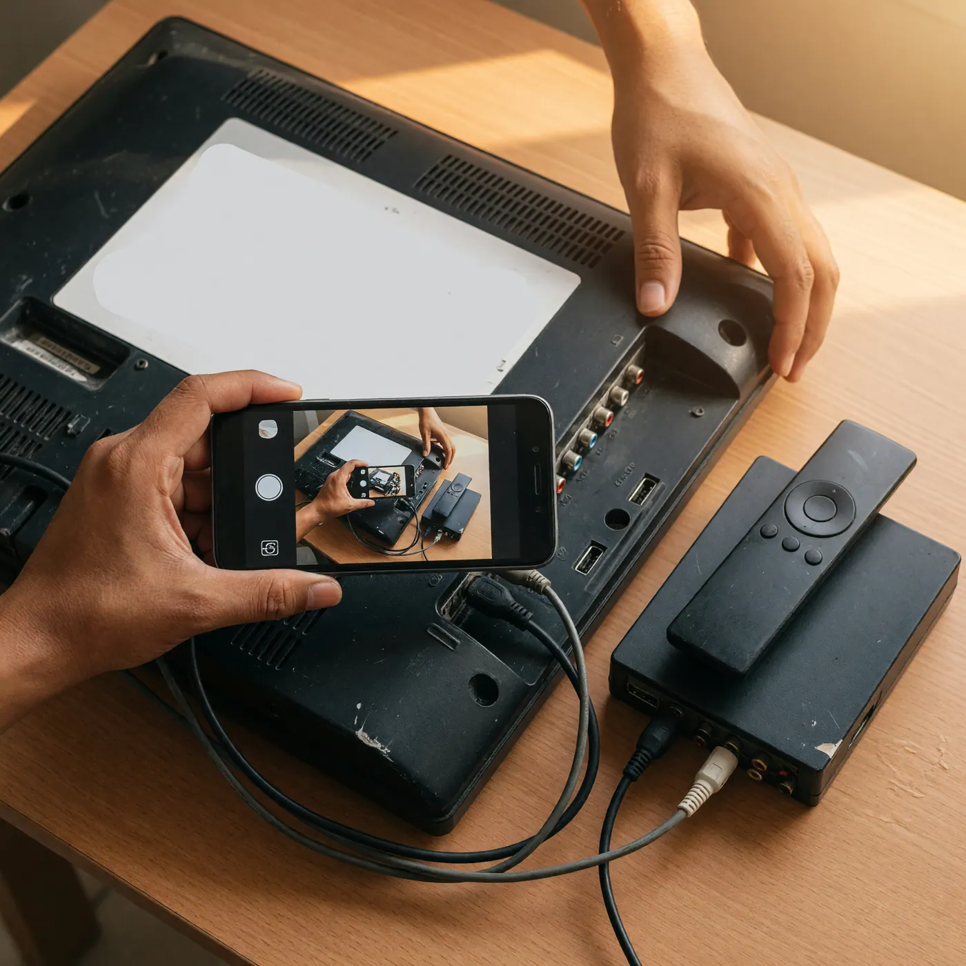 Manos tomando fotos de los puertos y cables en la parte trasera de un televisor usado