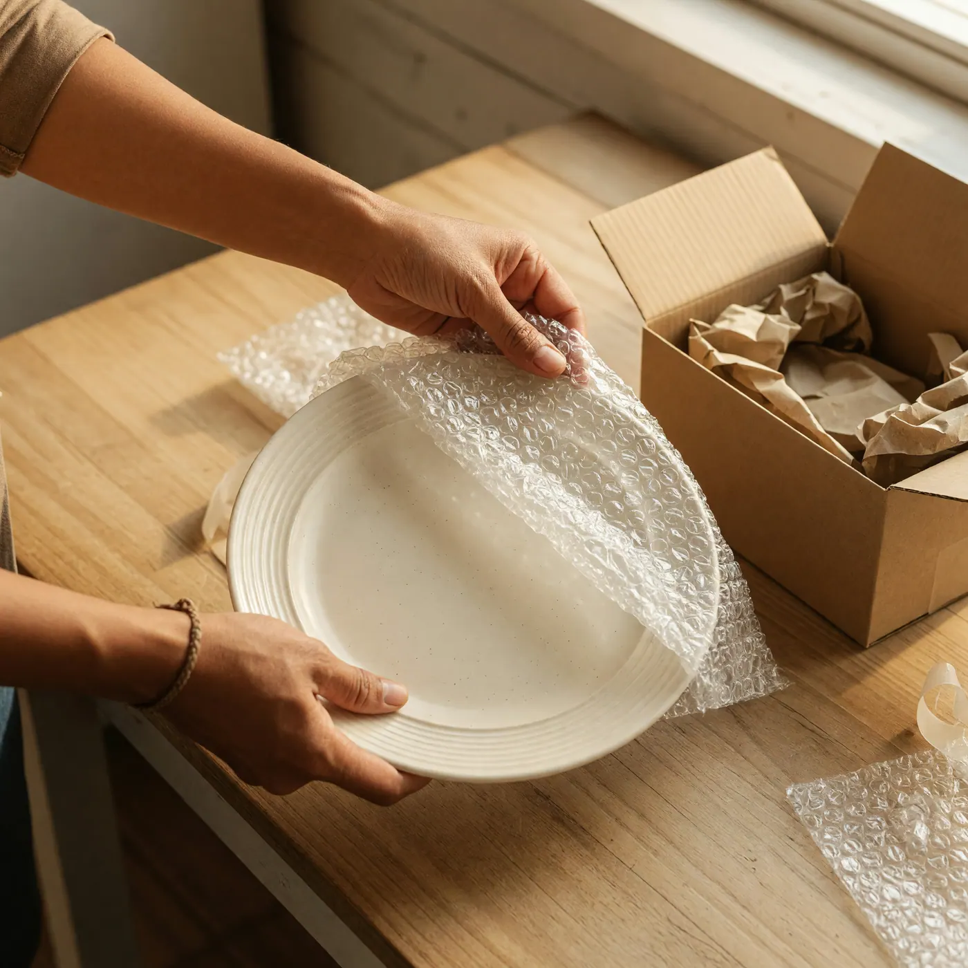 Manos envolviendo un plato de cerámica en plástico de burbujas junto a una caja de cartón con papel de amortiguación