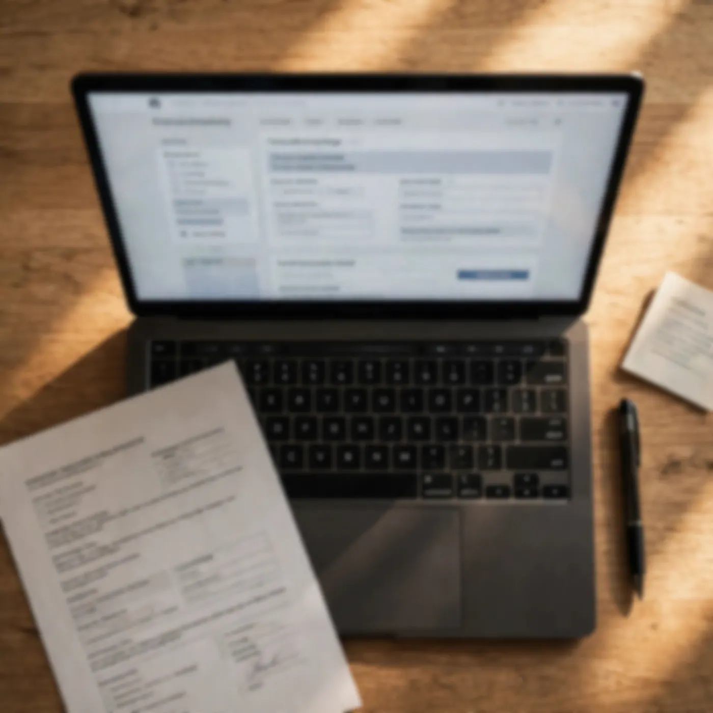 Laptop abierta sobre un escritorio con un formulario de consulta en pantalla, un documento impreso y un bolígrafo