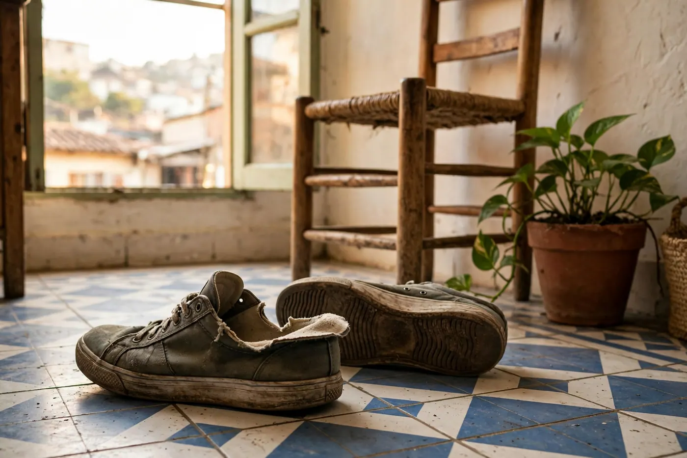 Par de tenis usados de lado sobre piso de baldosa con luz de ventana, suela gastada y plantilla a medio sacar