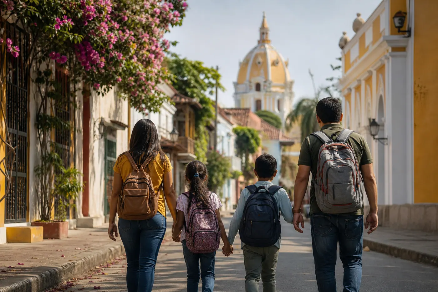 Familia venezolana caminando por una calle soleada en un barrio colombiano con arquitectura colonial