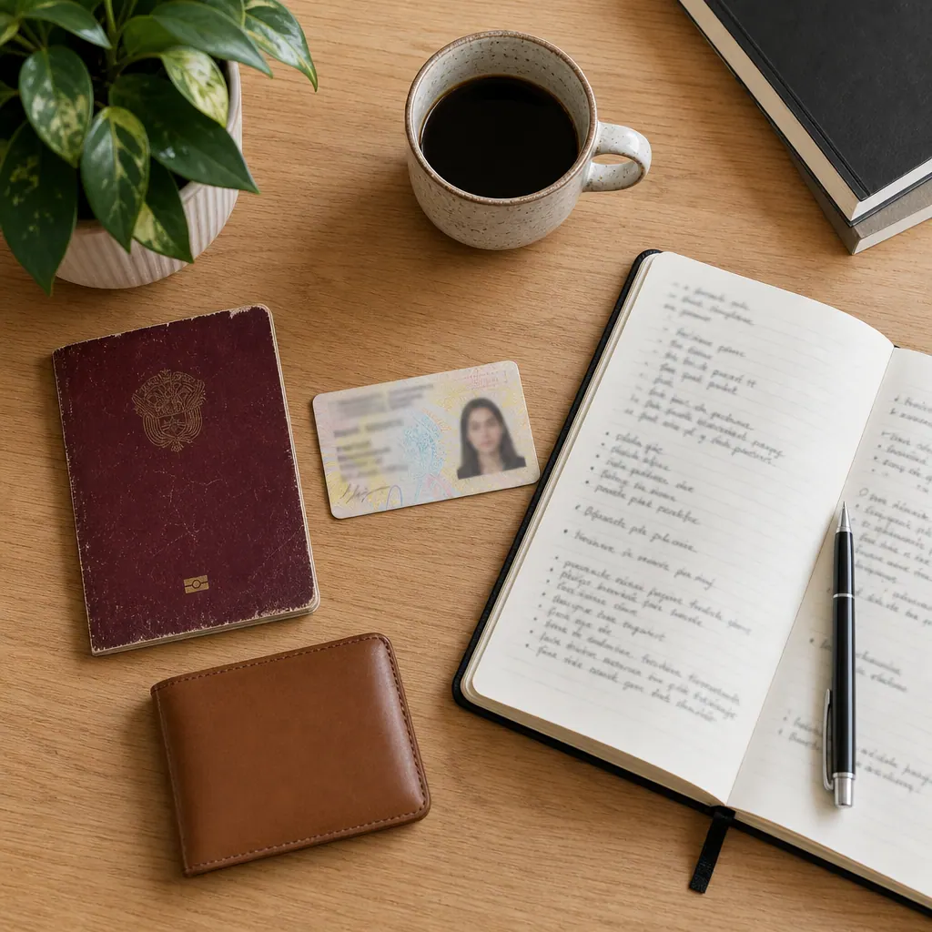 Escritorio organizado con un PPT, pasaporte, libreta de notas y café — los documentos que un venezolano necesita en Colombia