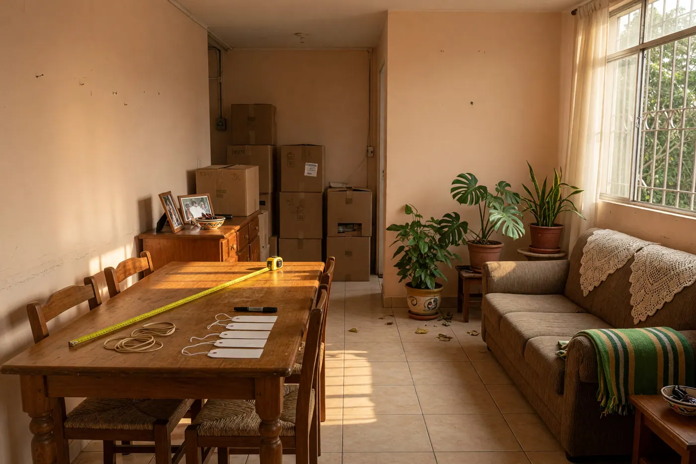 Sala de un apartamento colombiano con muebles, cajas de mudanza y cinta métrica antes de una venta de garaje