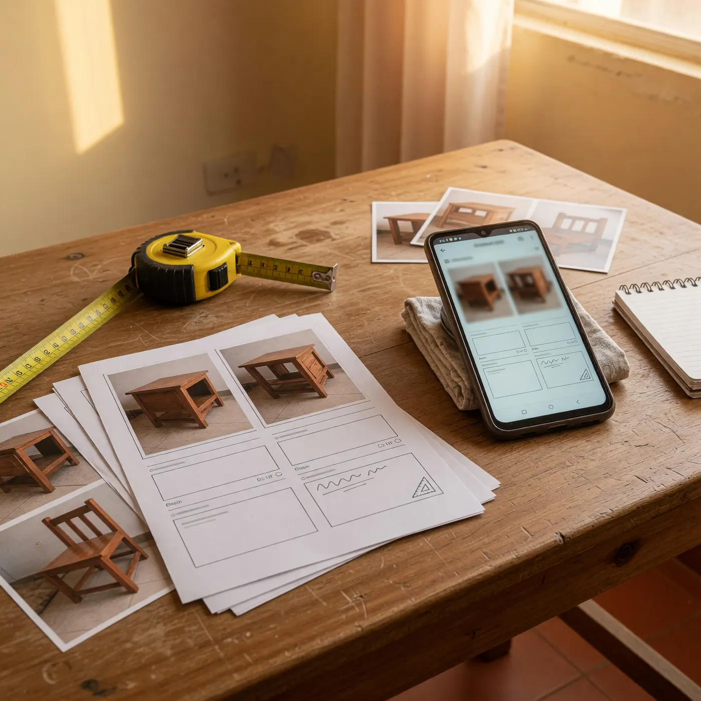 Mesa con cinta métrica, celular y fotos de muebles para preparar un catálogo de venta de mudanza