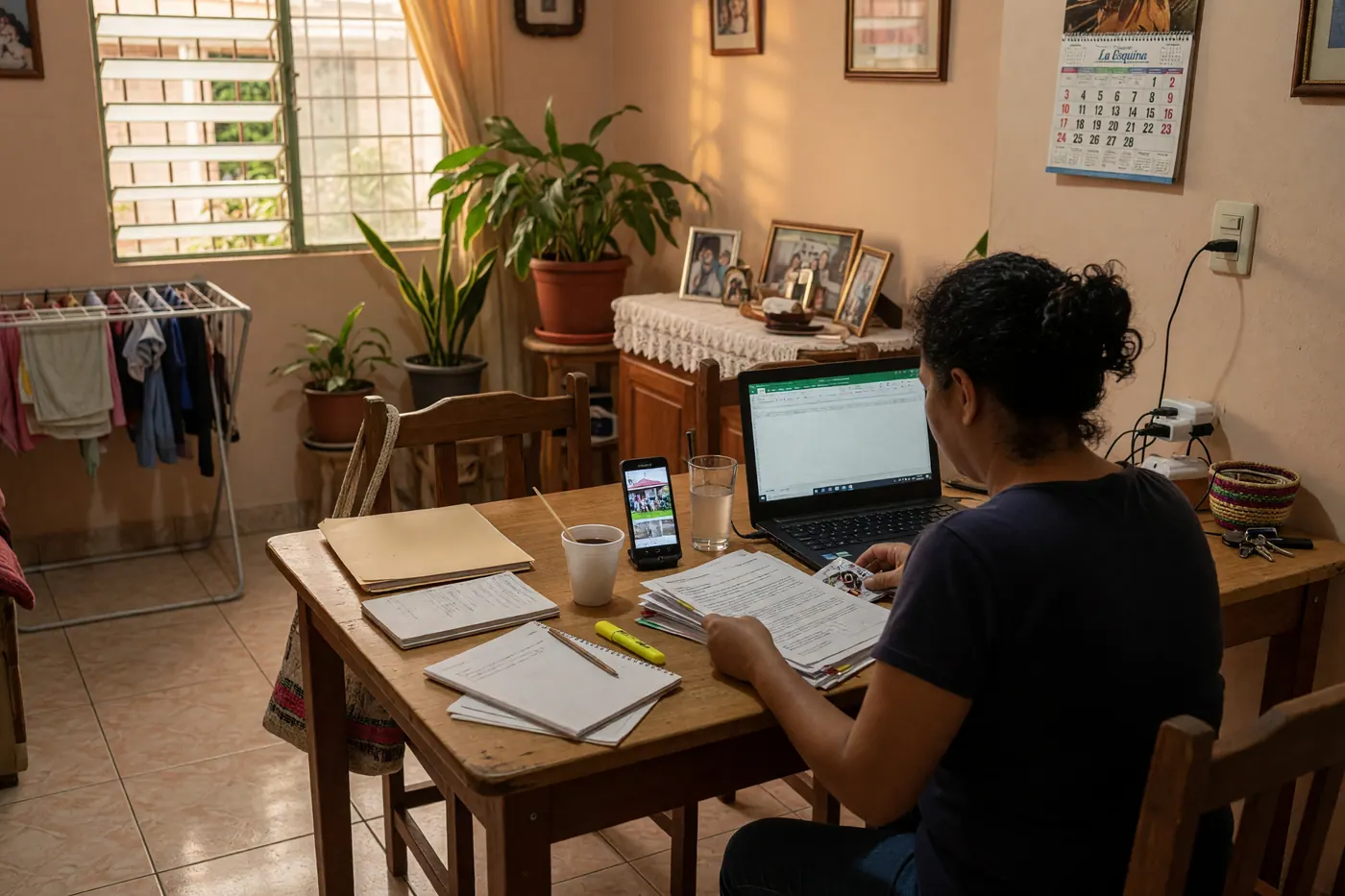 Persona revisando documentos de una propiedad junto a un portátil y un celular en una mesa