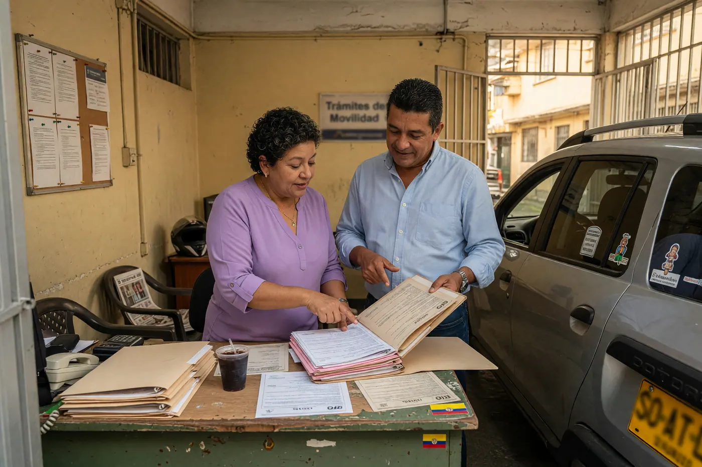 Compradora y vendedor revisan documentos de un vehículo usado en una oficina de trámites en Colombia