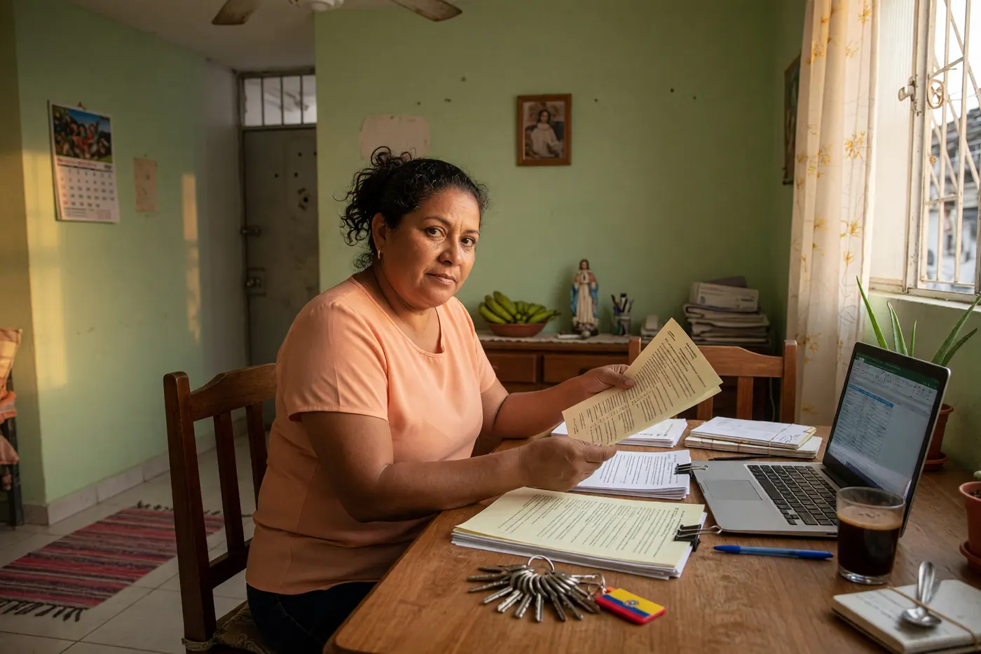 Propietaria revisando documentos de arriendo junto a un portátil y unas llaves en su vivienda