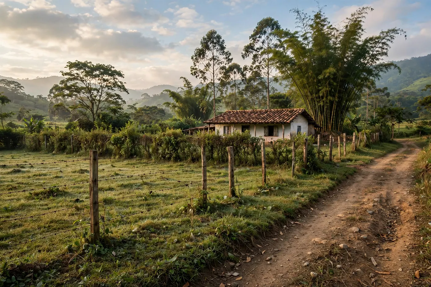 Lote campestre cercado con alambre, camino de tierra y casa de teja junto a guaduales