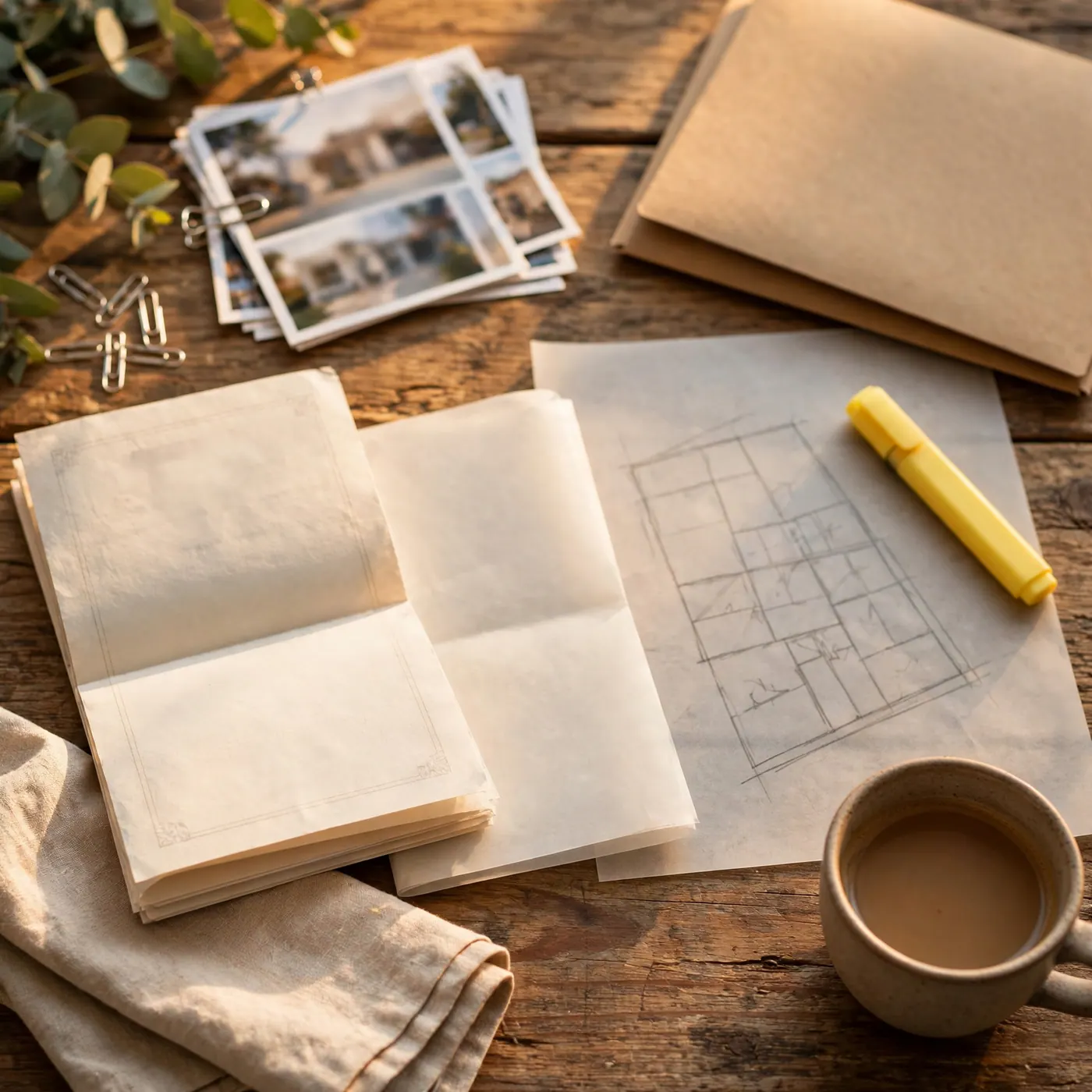 Documentos ilegibles, plano esquemático, resaltador amarillo y taza de café sobre mesa de madera