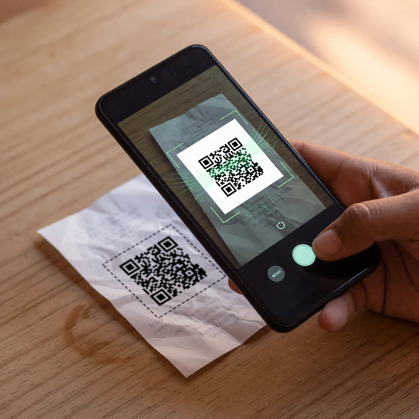 A smartphone screen displaying the Nequi app QR code scanner active, positioned over a paper receipt on a wooden table