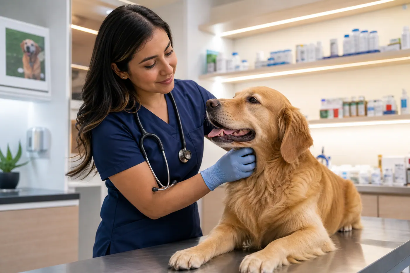 Veterinarian examining a dog in a Colombian clinic