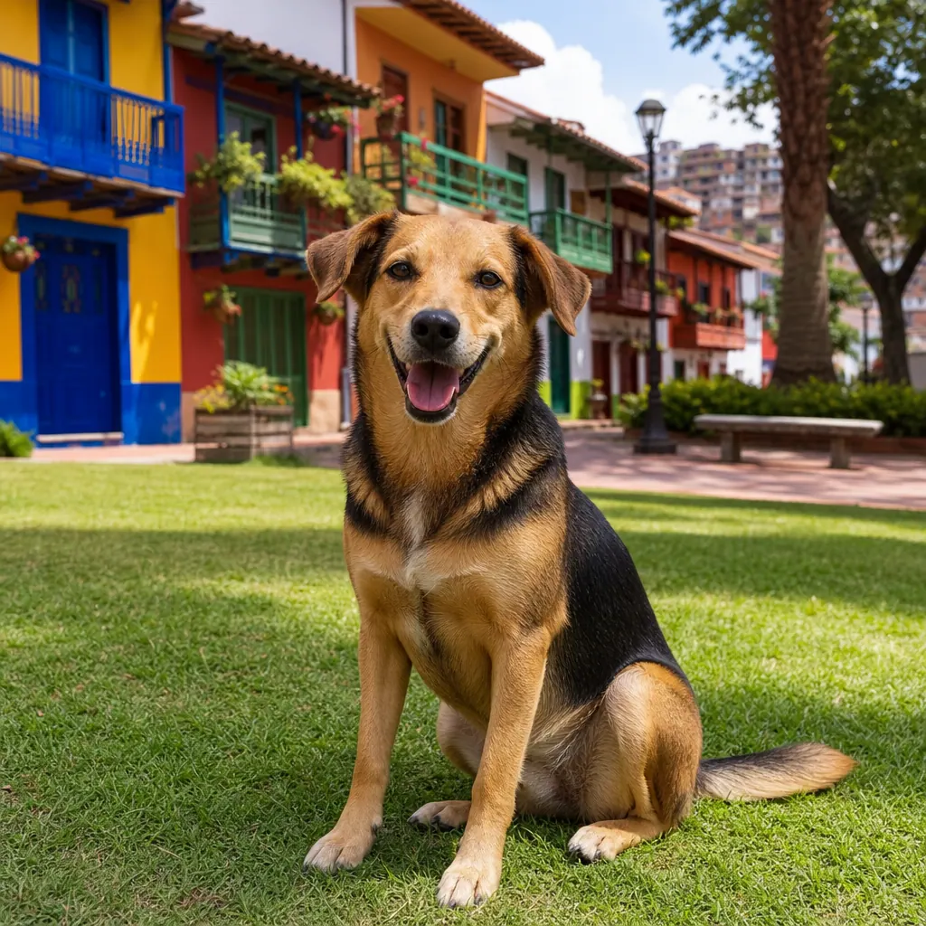 A healthy dog relaxing in a sunny Colombian neighborhood plaza