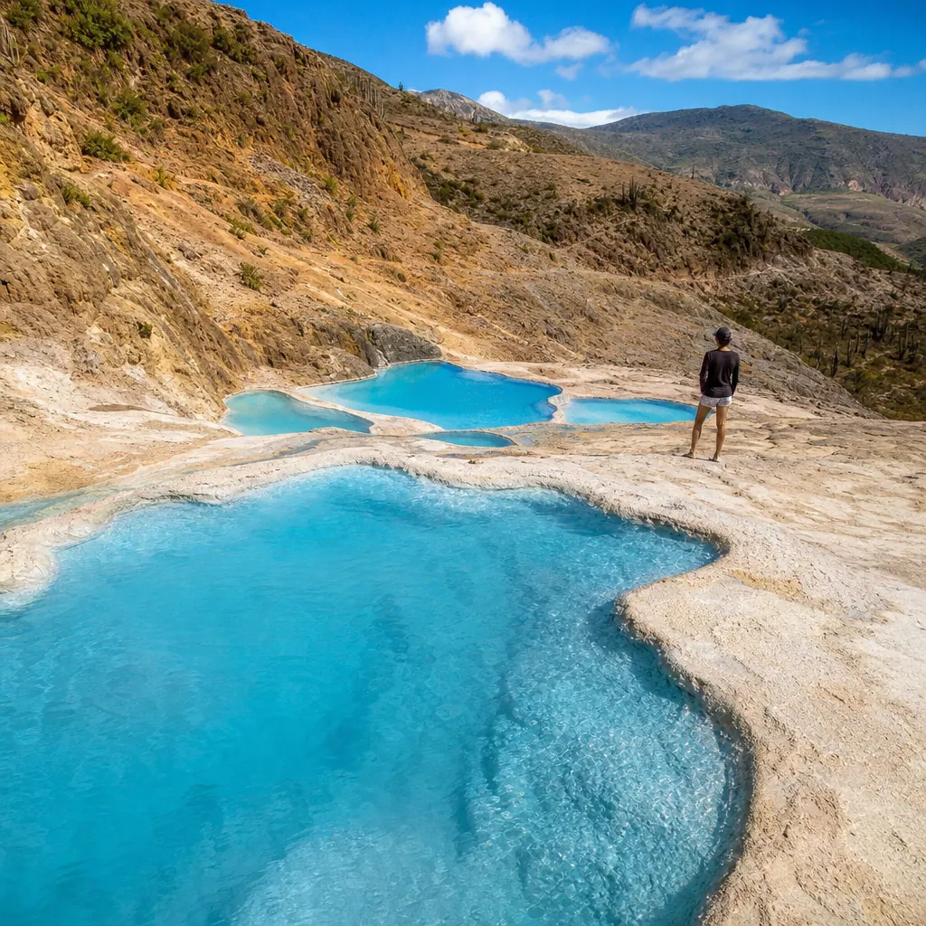 Pozos Azules near Villa de Leyva — turquoise mineral pools set in arid Boyacá landscape