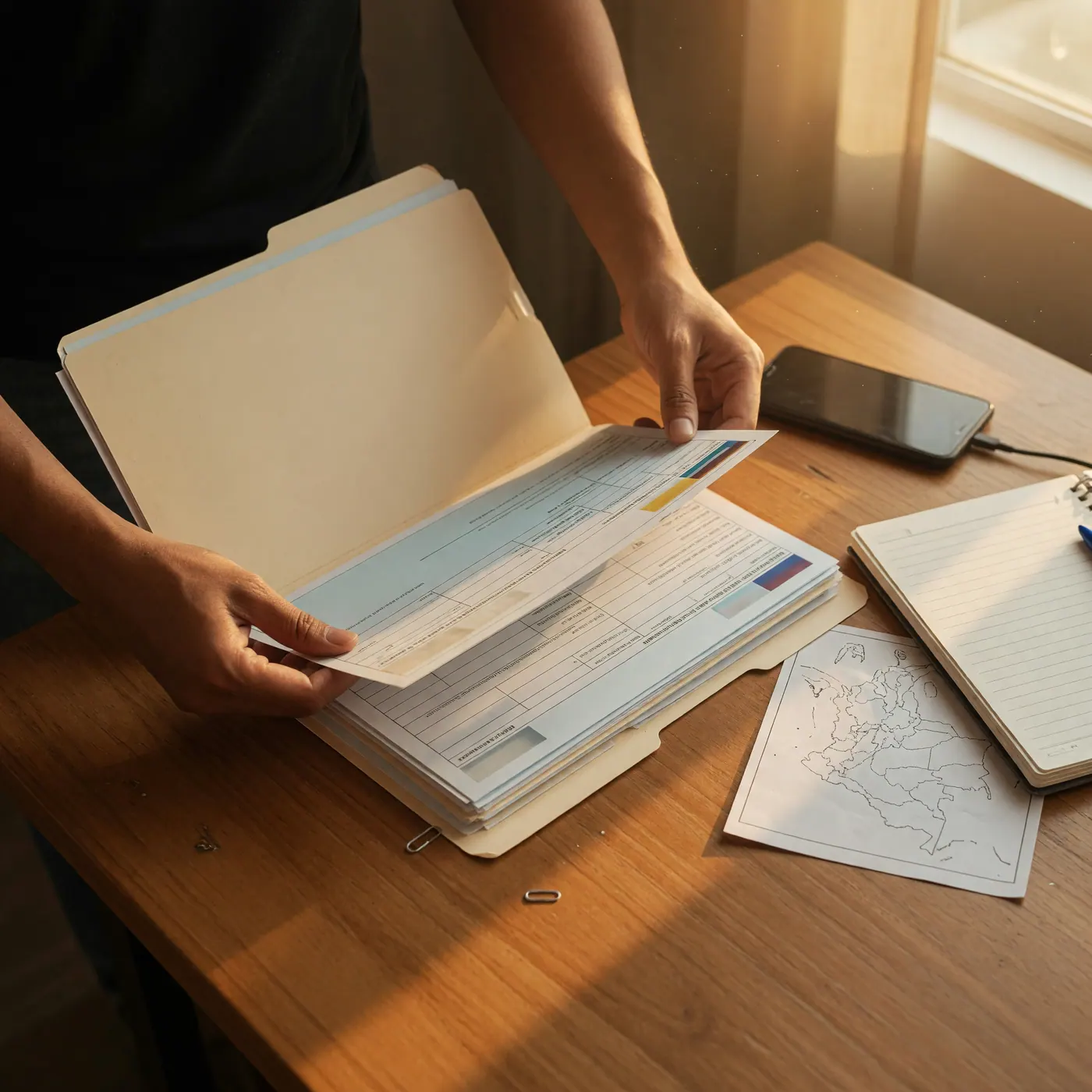 Manos organizando documentos de migración en una carpeta sobre una mesa de madera, junto a un teléfono y un cuaderno