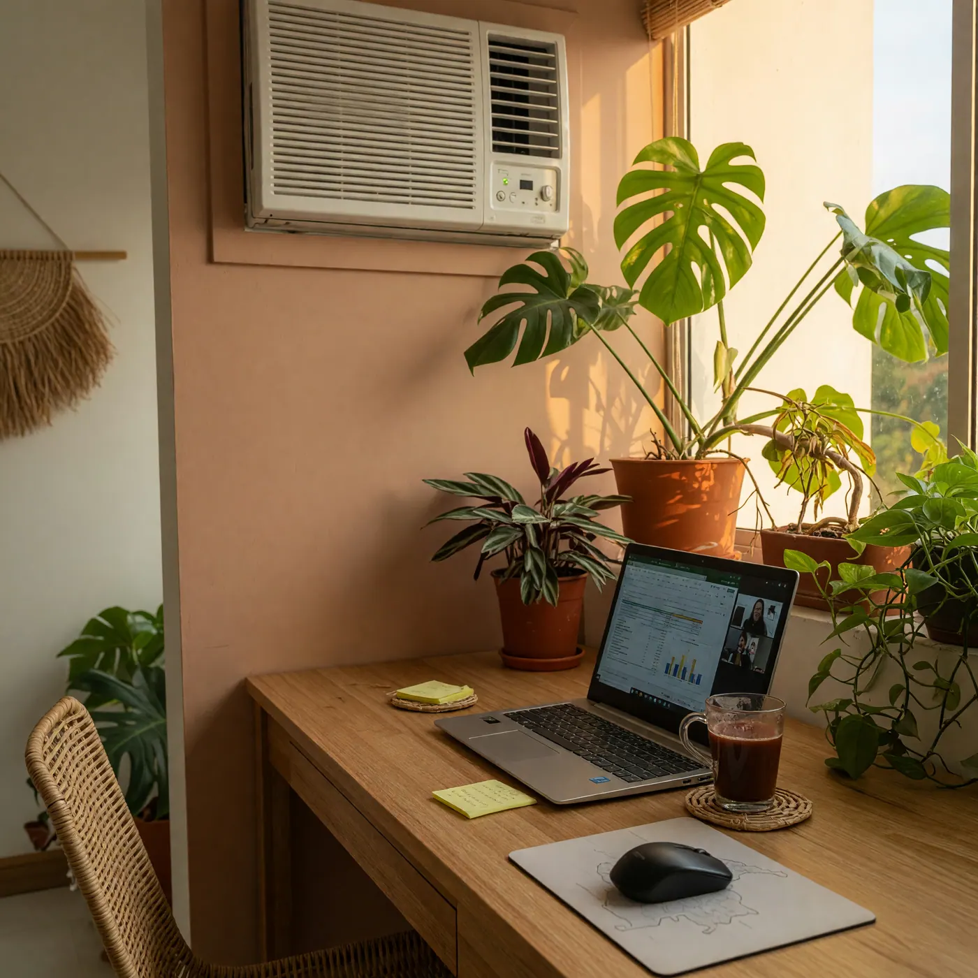Interior de un apartamento moderno en Arauca con aire acondicionado split y espacio de trabajo iluminado