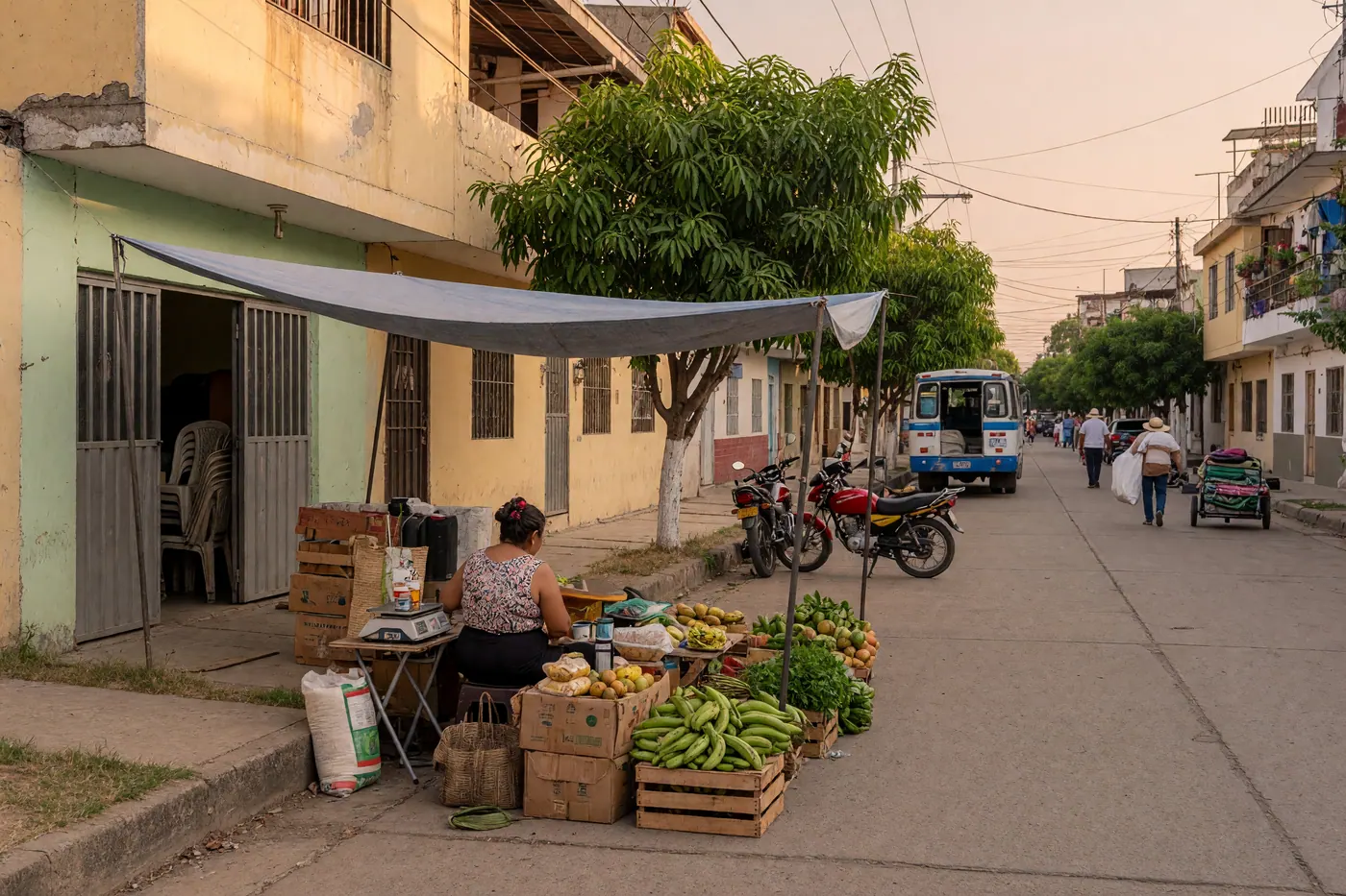 Calle de Cúcuta a media tarde con locales de un piso, motos y árboles que dan sombra bajo luz cálida