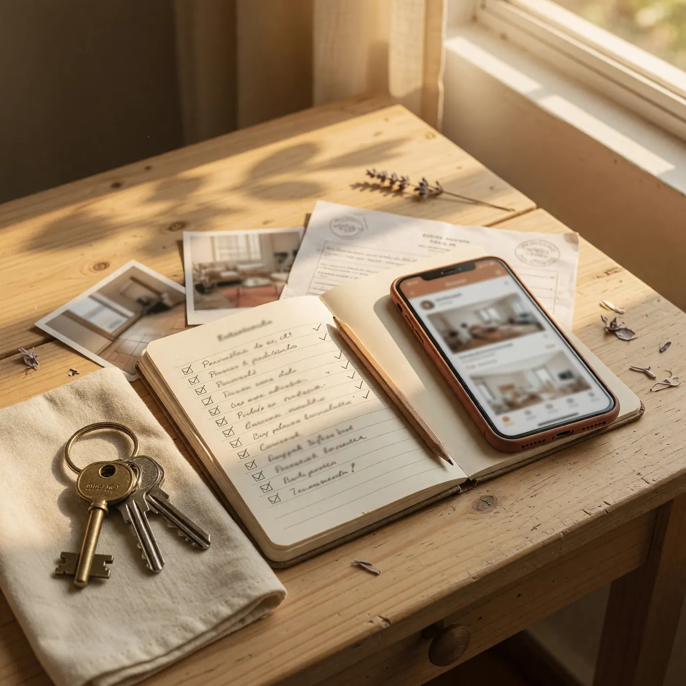 Llaves de casa, una libreta con una lista de pendientes y un celular con un anuncio de clasificados borroso sobre un escritorio de madera con luz cálida