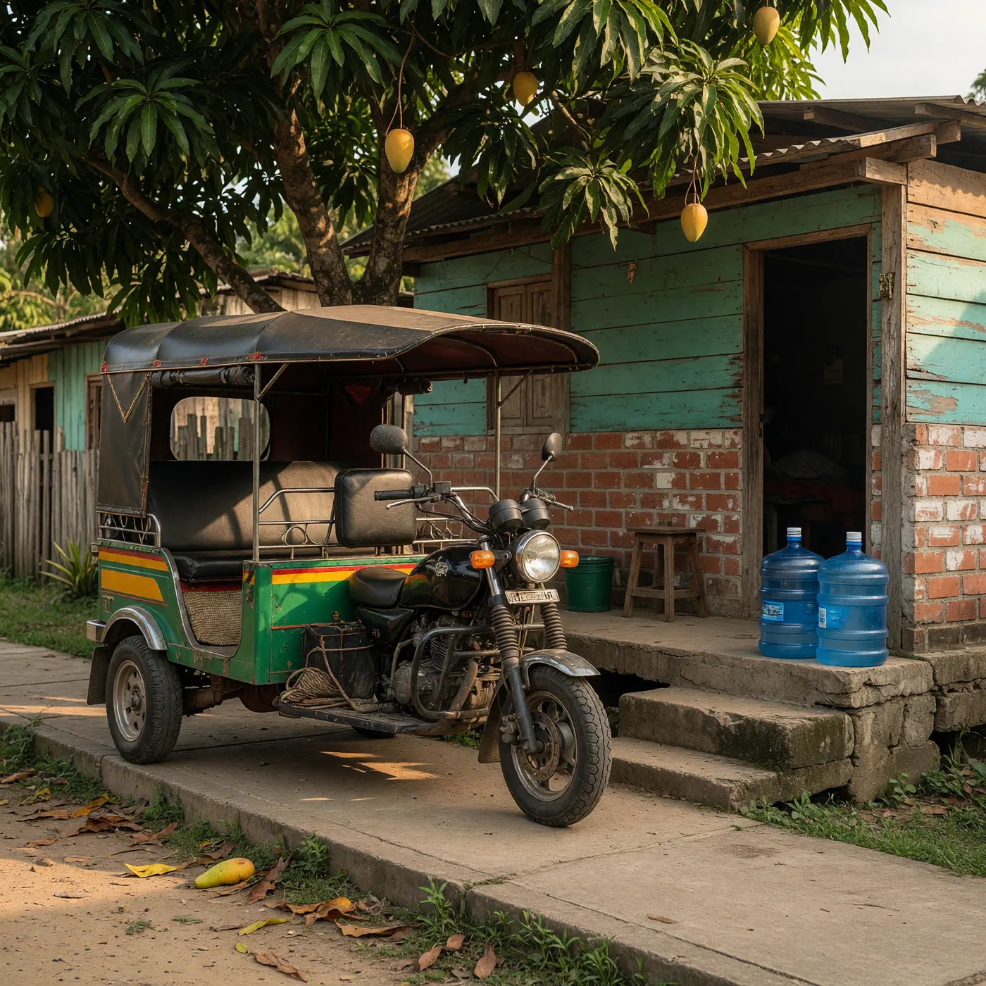 Vehículo de tres ruedas tipo tuk-tuk estacionado frente a una casa en Leticia con garrafones de agua azul en el porche