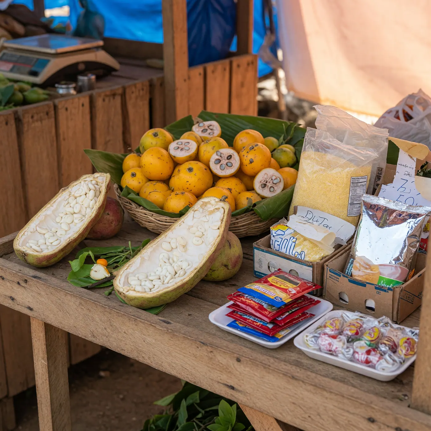 Puesto de mercado local en Mitu con frutas amazonicas frescas junto a productos empacados que llegaron por avion.