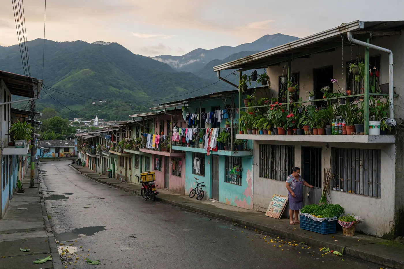 Vista panorámica de Mocoa, Putumayo, rodeada de montañas verdes del piedemonte amazónico, con casas residenciales de techos de metal y calles húmedas tras la lluvia.