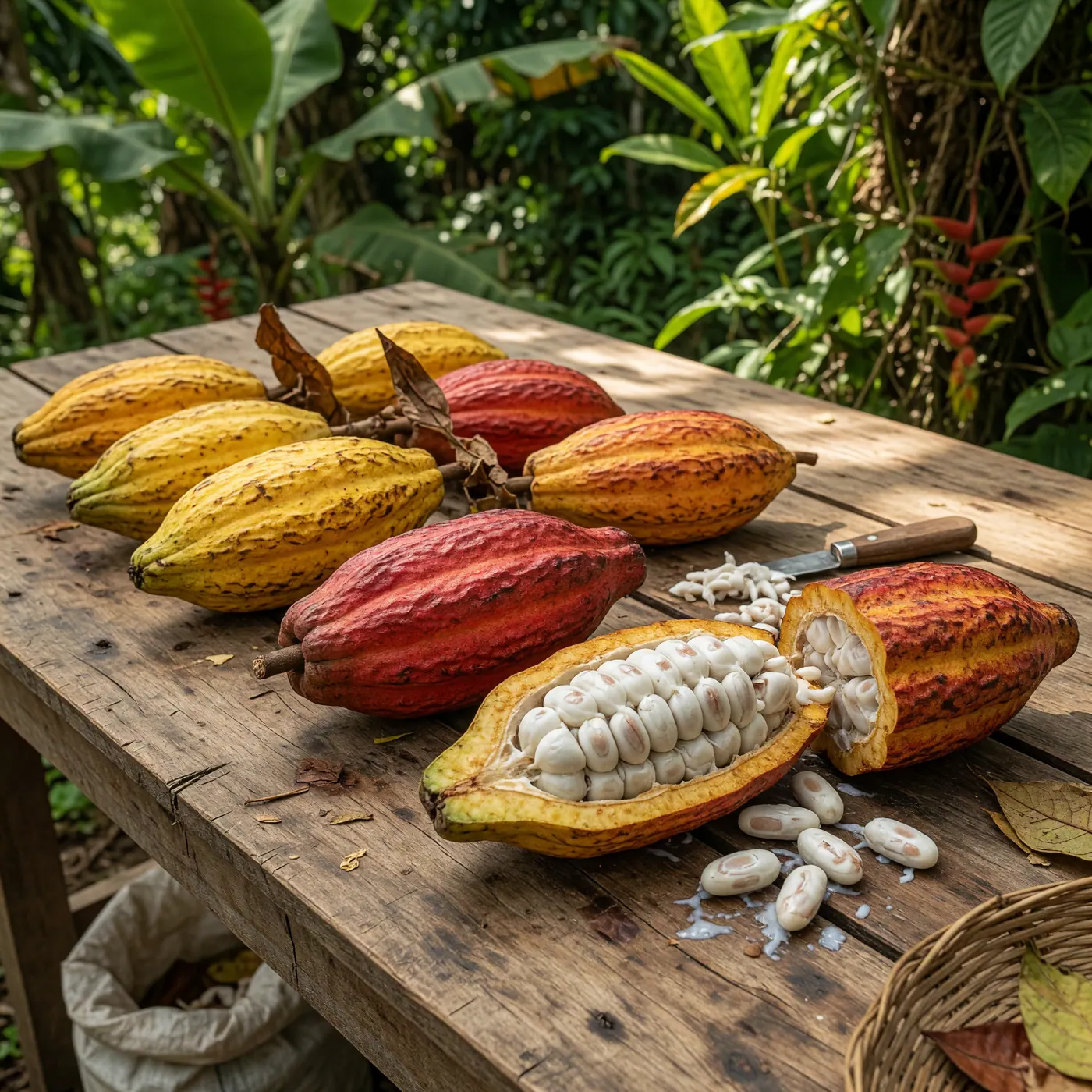 Primer plano de vainas de cacao frescas sobre una mesa rústica de madera en Mocoa, Putumayo, con follaje tropical de fondo.