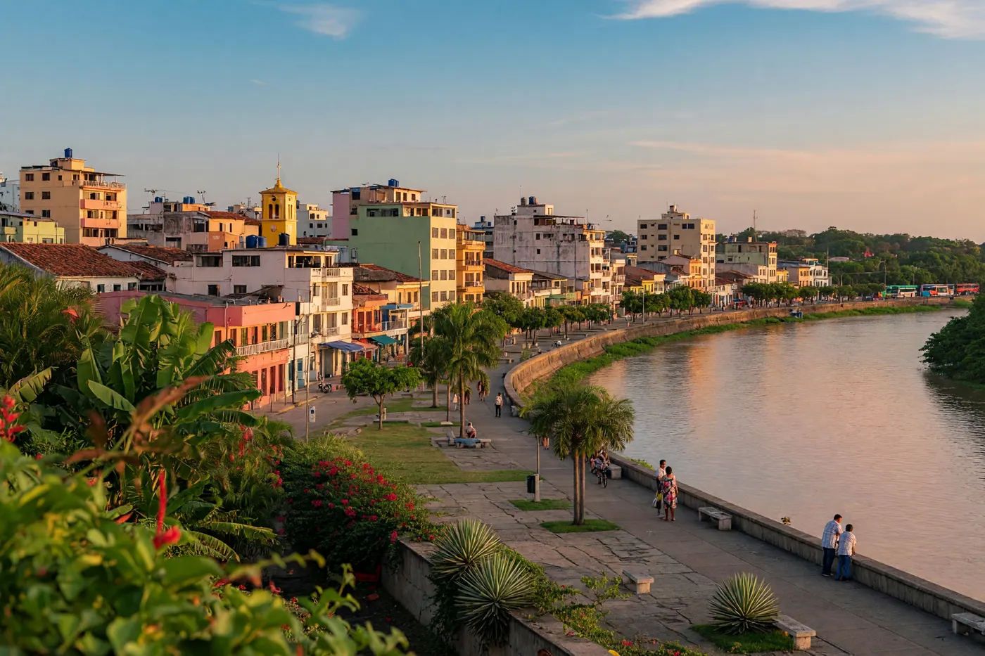 Vista panorámica de Neiva a orillas del río Magdalena con el Malecón, árboles verdes y edificios de la ciudad bajo cielo despejado