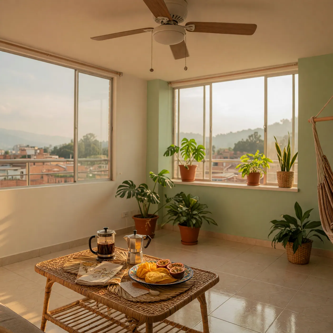 Sala de apartamento moderno en Neiva con ventanas amplias, ventilador de techo, plantas tropicales y piso de baldosa reflejando la luz natural