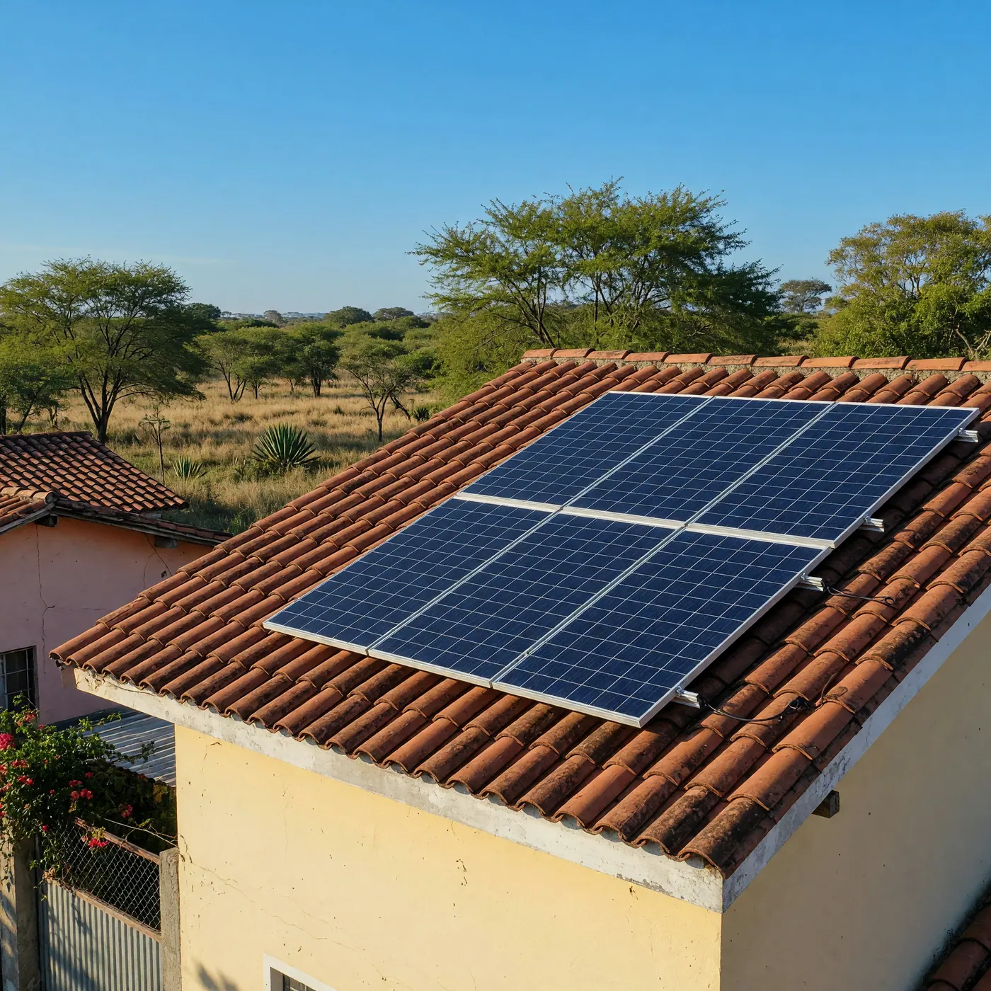 Vivienda unifamiliar con paneles solares en el techo en el barrio El Picacho de Puerto Carreño bajo el intenso sol llanero del Vichada