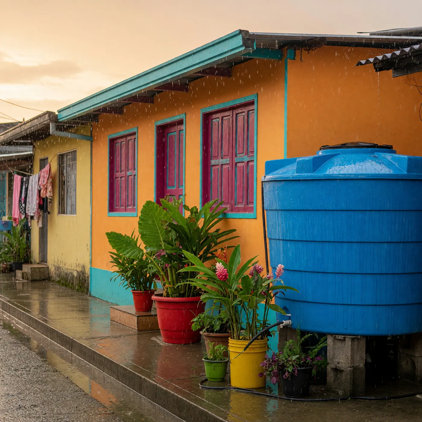 Calle residencial en Quibdó con un tanque de reserva de agua junto a una fachada de colores.