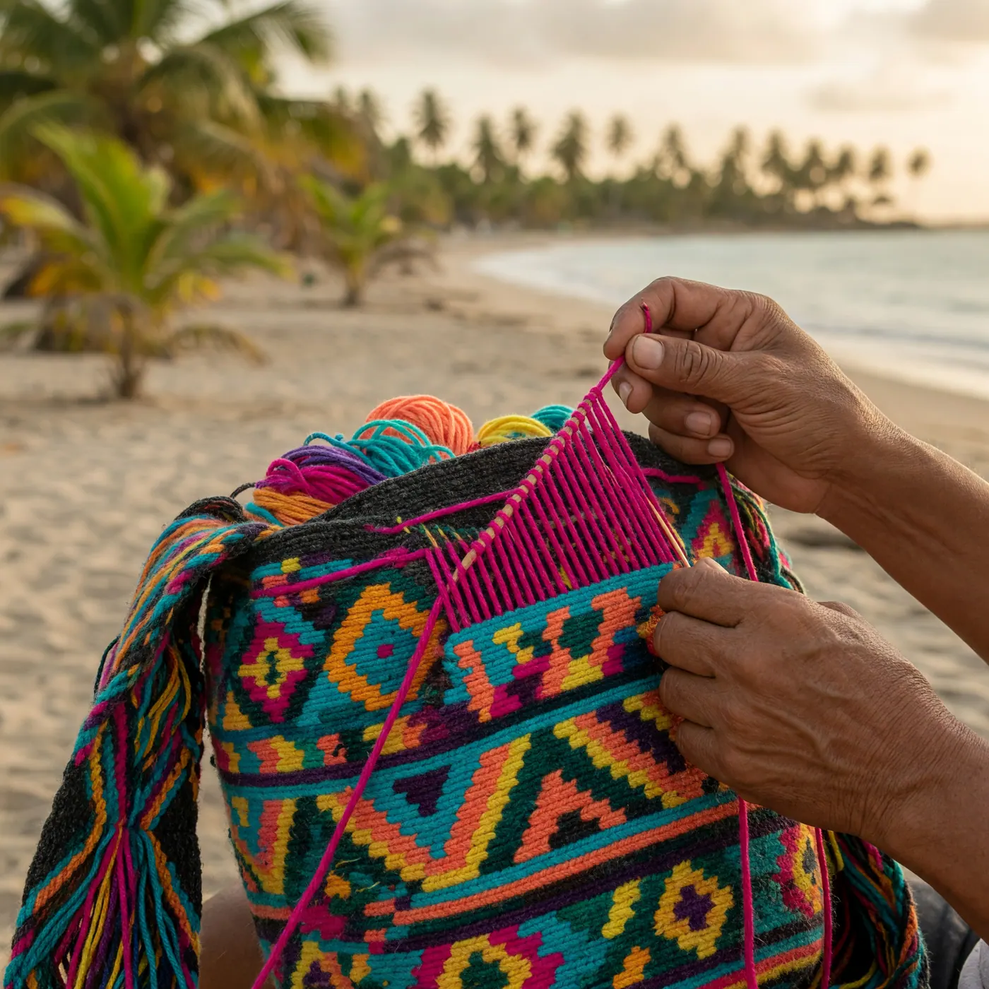 Artesana Wayuu tejiendo una mochila con lana de colores en la costa de Riohacha, La Guajira