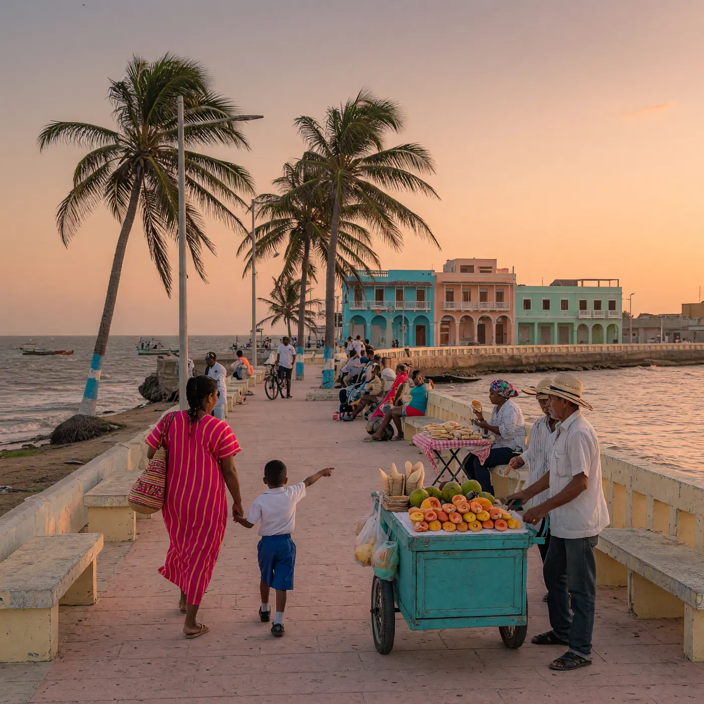 Malecón de Riohacha al atardecer con residentes y palmeras en la ciudad costera de La Guajira