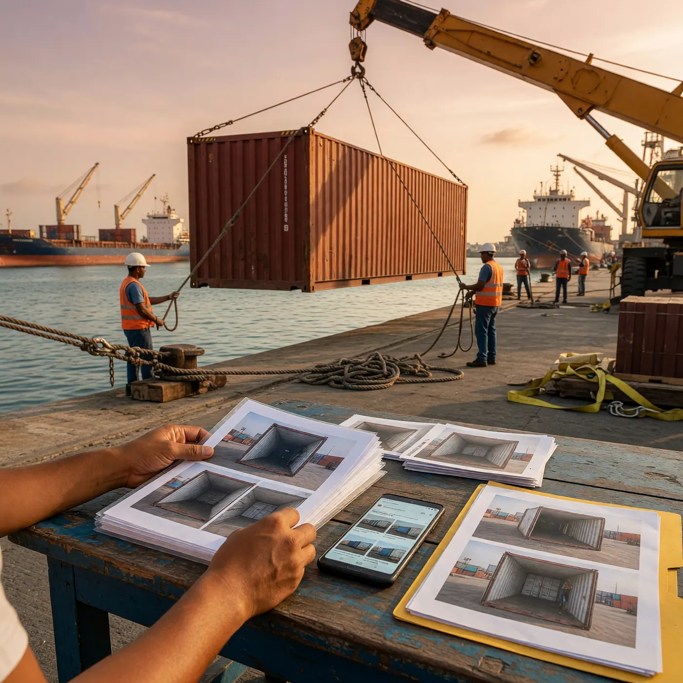 Contenedor de carga marítima siendo preparado en el muelle de un puerto colombiano, con cuerdas, grúas y el mar de fondo, ilustrando la logística de mudanza hacia San Andrés.