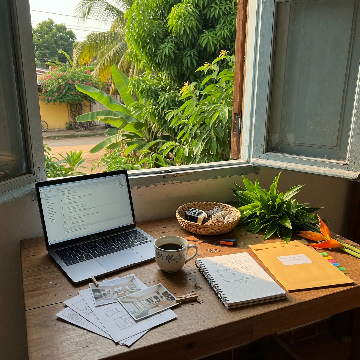 Escritorio de trabajo remoto con laptop y taza de café frente a una ventana abierta que muestra plantas tropicales en San José del Guaviare.