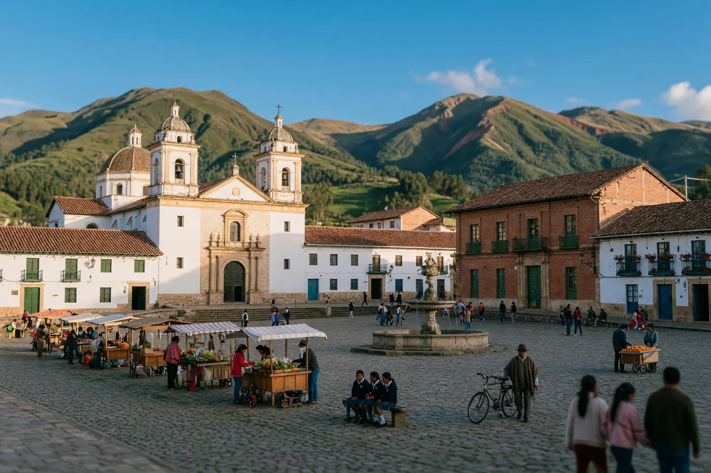 Plaza de Bolívar en Tunja, Colombia, con arquitectura colonial, la catedral histórica y montañas andinas bajo un cielo despejado