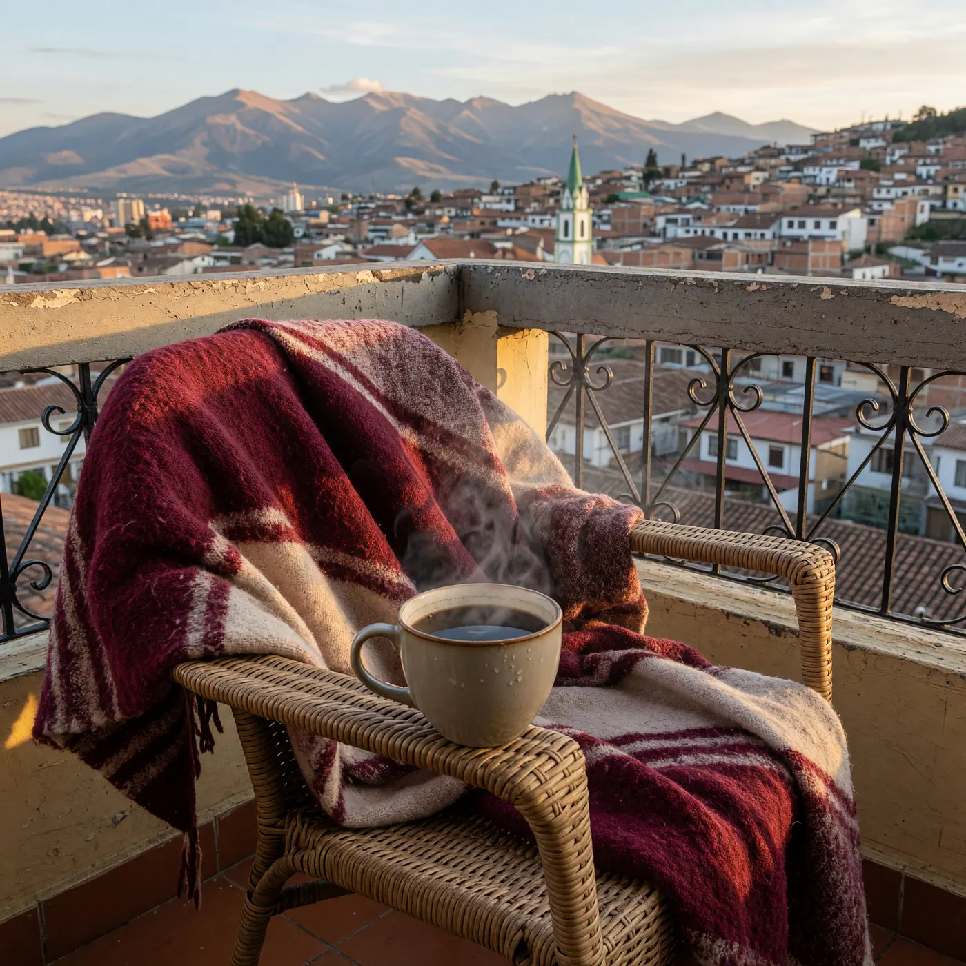 Balcón de apartamento moderno en el norte de Tunja con silla acogedora, cobija de lana y taza de café caliente con vista a la ciudad